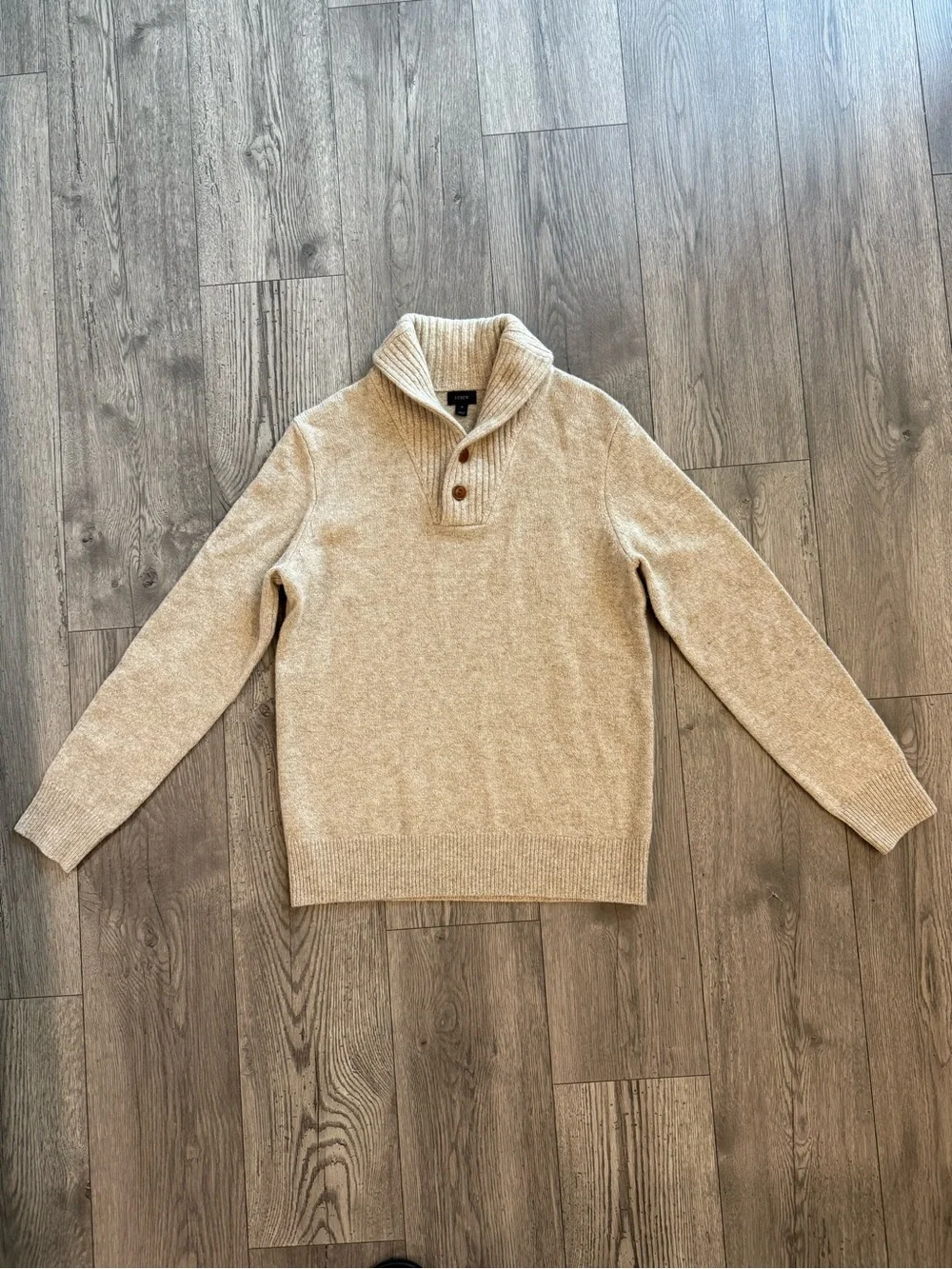 Crew Shawl Collar Tan Beige Lambswool Knit Men’s Small Cardigan Sweater